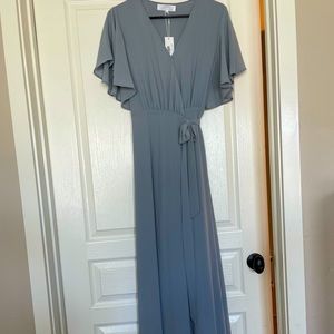 Blue/gray, flutter sleeve wrap maxi dress